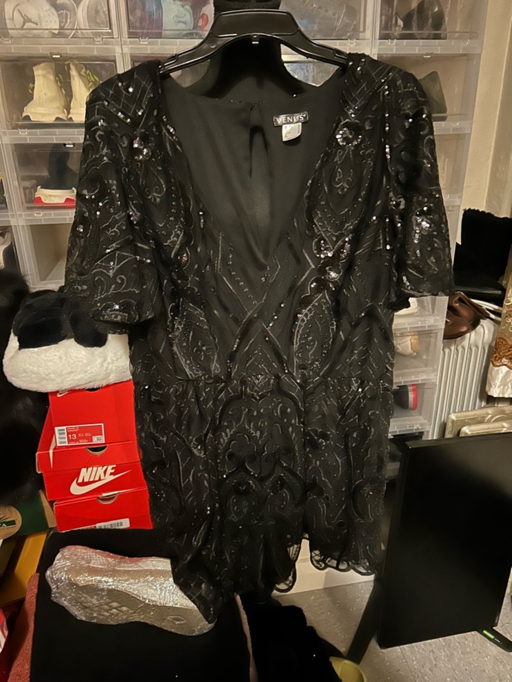 VENUS Black Sequin Embellished V-Neck Romper  / Jumpsuit very elegant